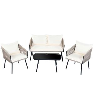 Salon de jardin 4 pièces en corde tressée beige avec table…