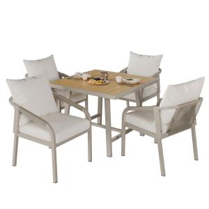 Salon de jardin 4 places acier corde avec table effet bois