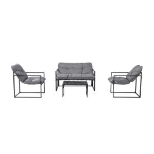 Salon de jardin 4 places contemporain noir et coussins gris