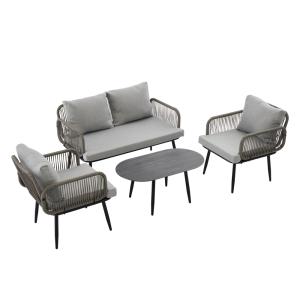 Salon de jardin 4 places corde tressée gris design arrondi