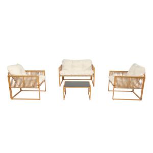 Salon de jardin 4 places effet rotin coussins blancs