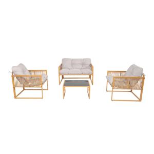 Salon de jardin 4 places effet rotin coussins gris clair