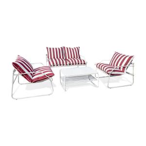 Salon de jardin 4 places en acier et tissu coquelicot