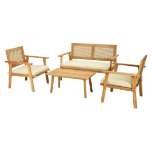 Salon de jardin 4 places en bois et cannage bois / beige