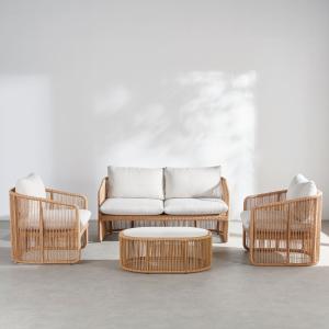 Salon de jardin 4 places en résine beige et coussins en pol…