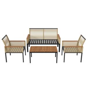 Salon de jardin 4 places en rotin et acier beige