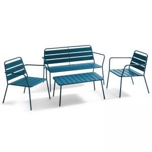 Salon de jardin 4 places et 1 table basse en acier bleu pac…