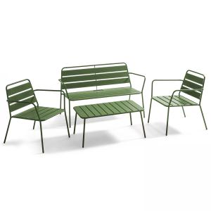 Salon de jardin 4 places et 1 table basse en acier vert cac…