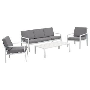 Salon de jardin 5 places aluminium blanc et coussins gris c…