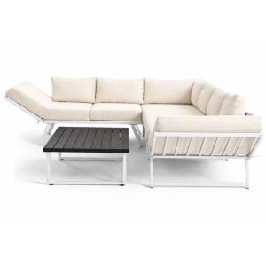 Salon de jardin 5 places en acier beige/blanc