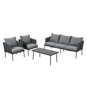 Salon de jardin 5 places en acier,corde et verre gris