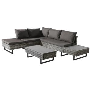 Salon de jardin 5 places en rotin et acier gris