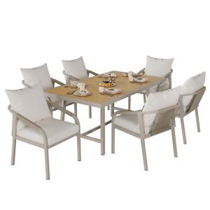 Salon de jardin 6 places acier corde avec table effet bois