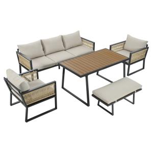 Salon de jardin 6 places en acier et corde beige