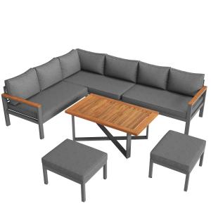 Salon de jardin 7 places en métal et bois gris