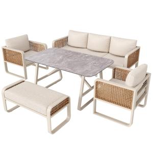 Salon de jardin 7 places en rotin beige