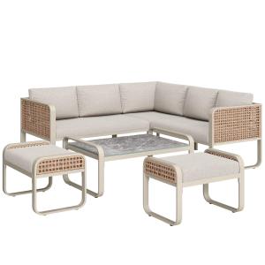 Salon de jardin 7 places en rotin et métal beige