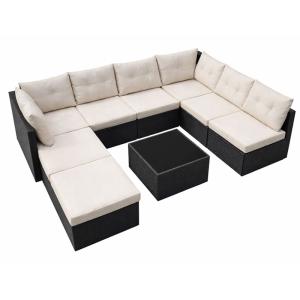 Salon de jardin 8 places en résine tressée noir et beige