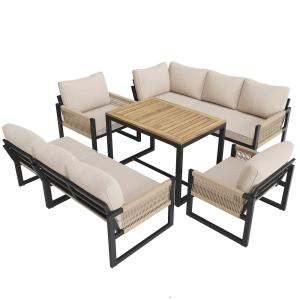 Salon de jardin 9 places en métal et tissu beige