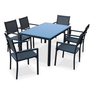 Salon de jardin aluminium table 150cm, 6 fauteuils en texti…