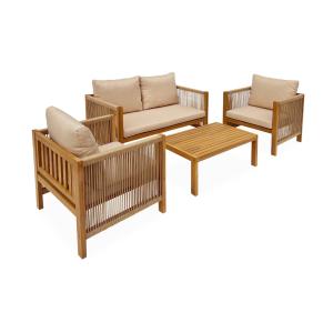 Salon de jardin bois d'acacia et cordes 4 places beige