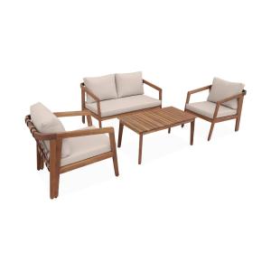 Salon de jardin bois d'acacia et cuir 4 places beige