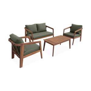 Salon de jardin bois d'acacia et cuir 4 places kaki foncé