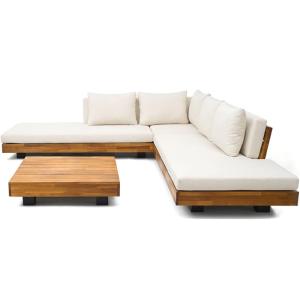 Salon de jardin d'angle 5 places en bois FSC - coussins bei…