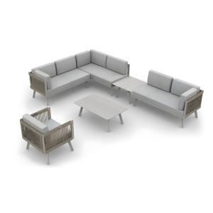 Salon de jardin d'angle 7 places en aluminium et corde