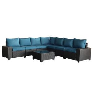 Salon de jardin d'angle 7 places en résine tressée avec tab…