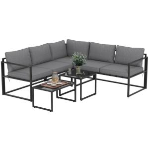 Salon de jardin extérieur d'angle 4 pièces en acier gris