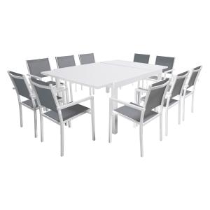 Salon de jardin table 140/200cm en aluminium blanc et gris