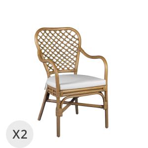 Set 2 fauteuils en rotin beige avec coussin