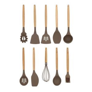 Set de 10 ustensiles en silicone et manche en bois