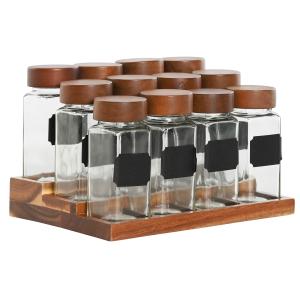 Set de 12 pots à épices en verre et support en bois 20.5x16…