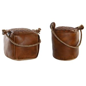 Set de 2 cale-portes en cuir marron avec corde 20x20x20cm