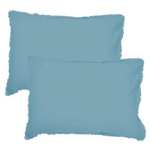 Set de 2 taies d'oreiller unies à franges Bleu glacier 50x7…