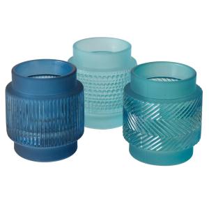 Set de 3 photophores en verre bleu H8cm