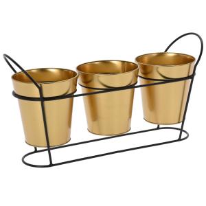 Set de 3 pots plantes dorés avec support métal noir