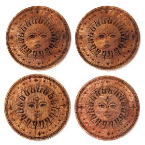 Set de 4 sous-verres rond soleil en bois sculpté 10 cm