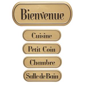 Set de 5 plaques de porte signalétiques en métal doré