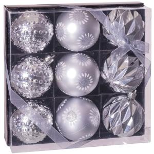 Set de 9 boules de Noël argentées décorées - 8cm