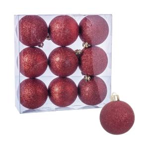 Set de 9 boules de Noël rouges à paillettes 6cm