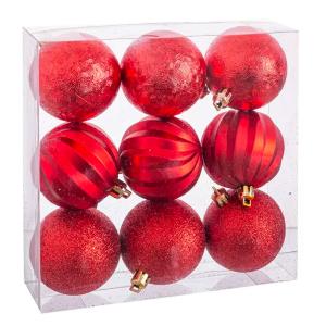 Set de 9 boules de Noël rouges taillées - 6cm