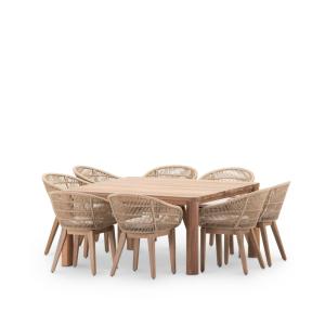 Set de table 150 x 150 et 8 chaises en bois et corde