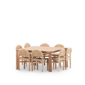 Set de table 150x150cm et 8 chaises en bois et rotin beige