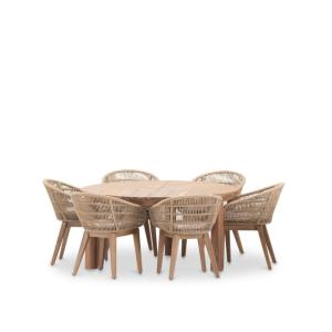 Set de table ronde 150 cm et 6 chaises en bois et corde