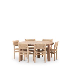Set de table ronde 150cm et 6 chaises en bois et rotin beige