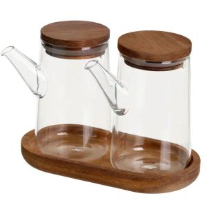 Set huile et vinaigre en verre avec support en bois d'acaci…