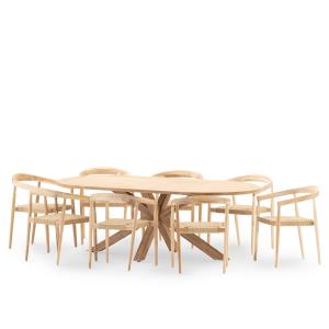 Set repas 8pl table ovale en bois 220x115 et fauteuil
